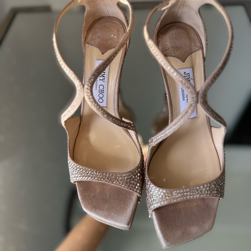 Like new JIMMY CHOO Azia 95 Honey Gold Suede Sandals with Crystals 37.5 $2,495 - Picture 15 of 17